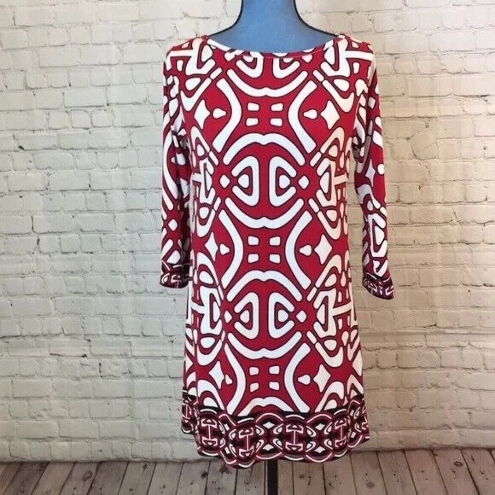 Laundry by Design Dress Red & White Geometric Design Long Sleeve